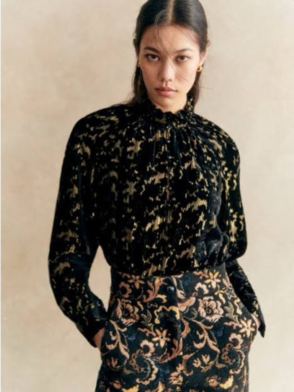 Sezane Loubna Blouse Jacquard Bottle Green size 36